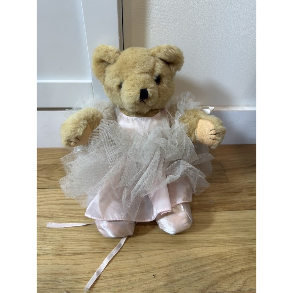 Vintage 90s Wool Beige Plush Teddy Bear Stuffed Animal Movable Joints Ballerina
